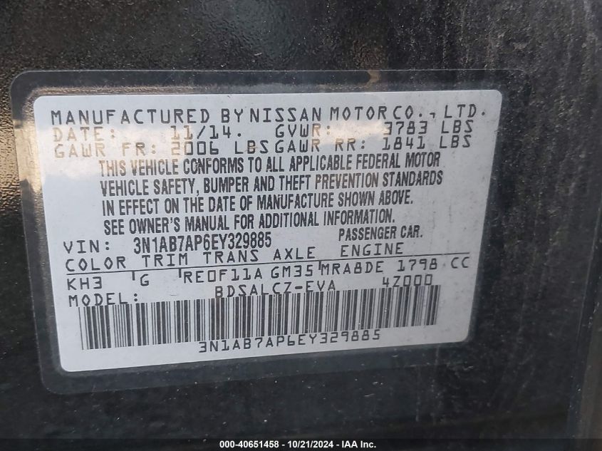 2014 Nissan Sentra S VIN: 3N1AB7AP6EY329885 Lot: 40651458