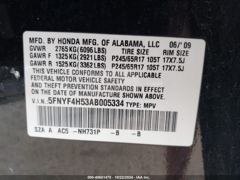 2010 Honda Pilot Ex-L VIN: 5FNYF4H53AB005334 Lot: 40651470