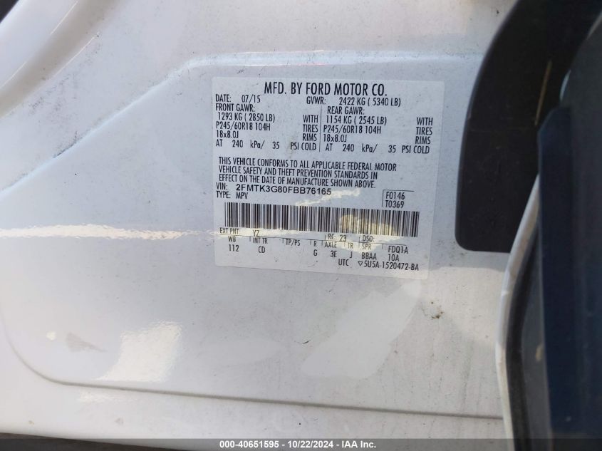 VIN 2FMTK3G80FBB76165 2015 FORD EDGE no.9