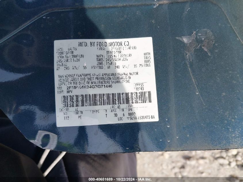 2016 Ford Edge Titanium VIN: 2FMPK4K94GBB71446 Lot: 40651689