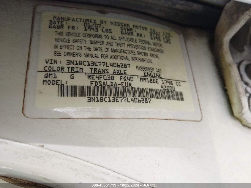 2007 Nissan Versa 1.8S VIN: 3N1BC13E77L406287 Lot: 40651719