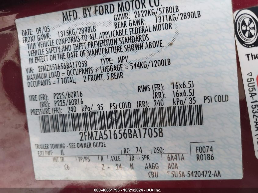 2006 Ford Freestar Se VIN: 2FMZA51656BA17058 Lot: 40651795