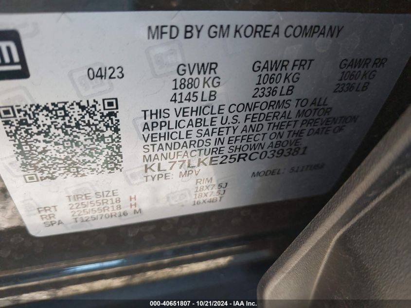 VIN KL77LKE25RC039381 2024 CHEVROLET TRAX FWD ACTIV
