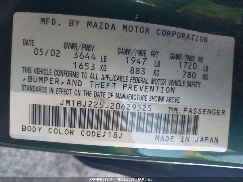 2002 Mazda Protege Dx/Es/Lx VIN: JM1BJ225520629525 Lot: 40651904