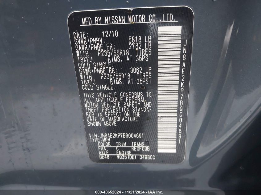 2011 Nissan Quest Sl VIN: JN8AE2KP7B9004691 Lot: 40652024