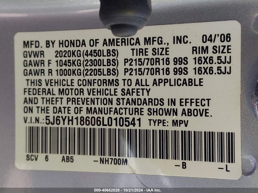 2006 Honda Element Ex VIN: 5J6YH18606L010541 Lot: 40652028