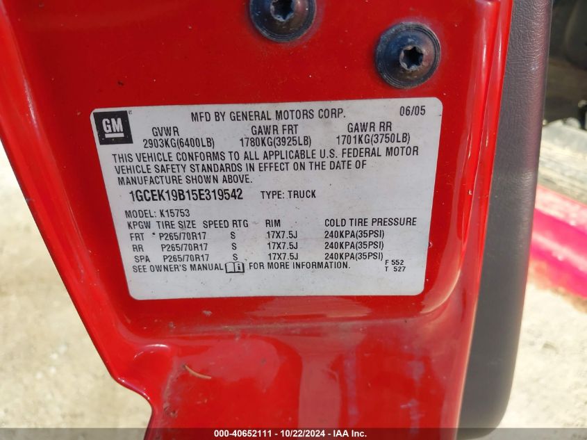 2005 Chevrolet Silverado 1500 Work Truck VIN: 1GCEK19B15E319542 Lot: 40652111