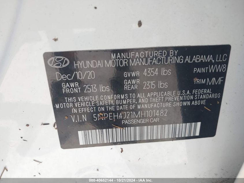 2021 Hyundai Sonata Limited VIN: 5NPEH4J21MH101482 Lot: 40652144