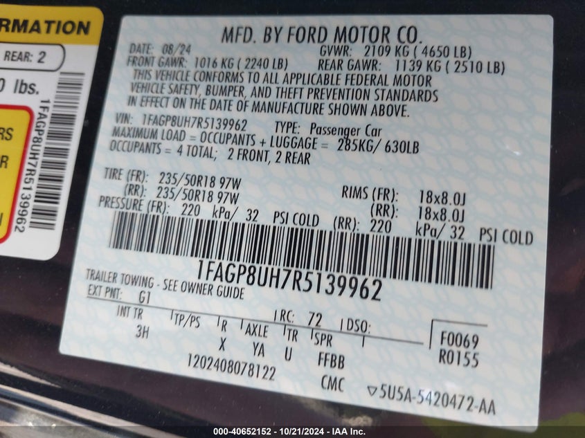 2024 Ford Mustang Ecoboost Premium VIN: 1FAGP8UH7R5139962 Lot: 40652152