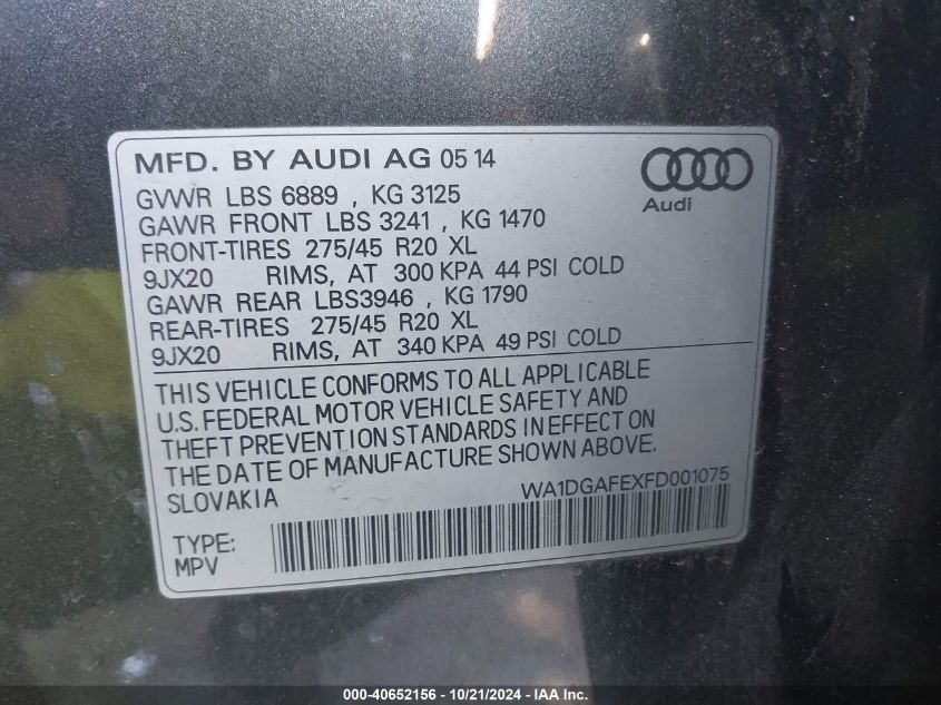 2015 Audi Q7 Prestige VIN: WA1DGAFEXFD001075 Lot: 40652156