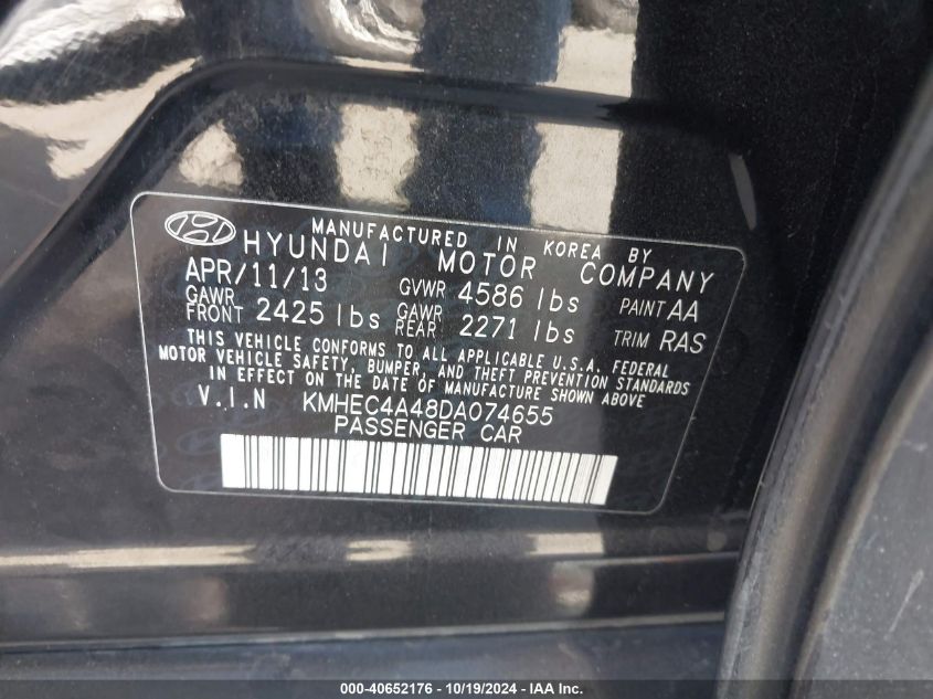 2013 Hyundai Sonata Hybrid VIN: KMHEC4A48DA074655 Lot: 40652176