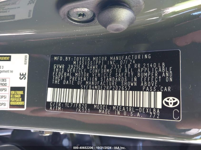 2024 Toyota Corolla Le VIN: 5YFB4MDE2RP202657 Lot: 40652206