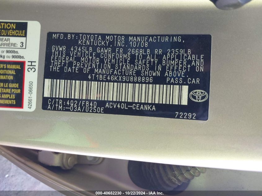 2009 Toyota Camry Le VIN: 4T1BE46KX9U888896 Lot: 40652230