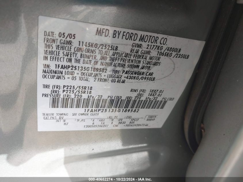 2005 Ford Five Hundred Limited VIN: 1FAHP25135G189582 Lot: 40652274