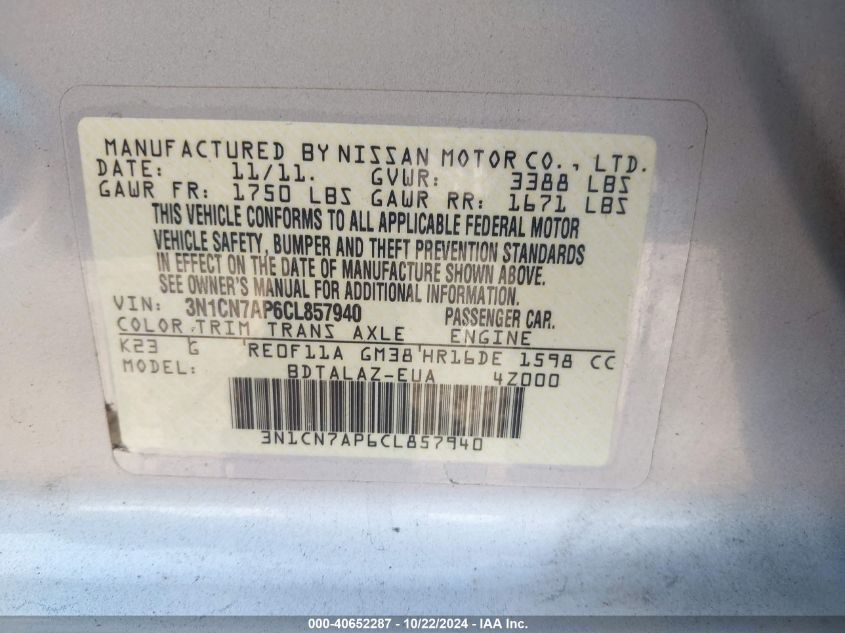 2012 Nissan Versa 1.6 S VIN: 3N1CN7AP6CL857940 Lot: 40652287