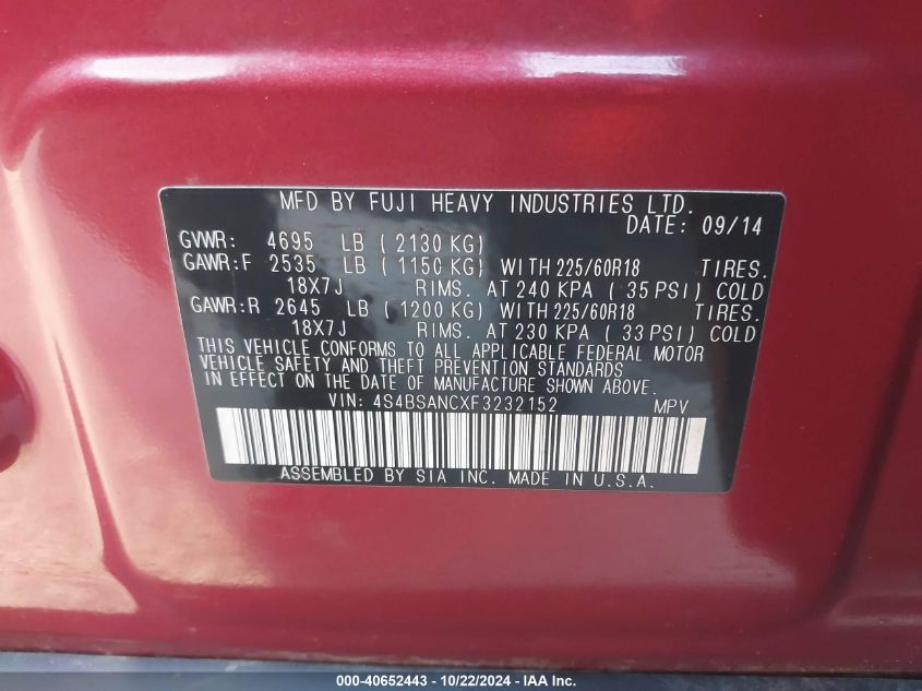 2015 Subaru Outback 2.5I Limited VIN: 4S4BSANCXF3232152 Lot: 40652443