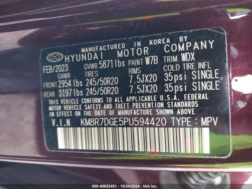 2023 Hyundai Palisade Calligraphy VIN: KM8R7DGE5PU594420 Lot: 40652451