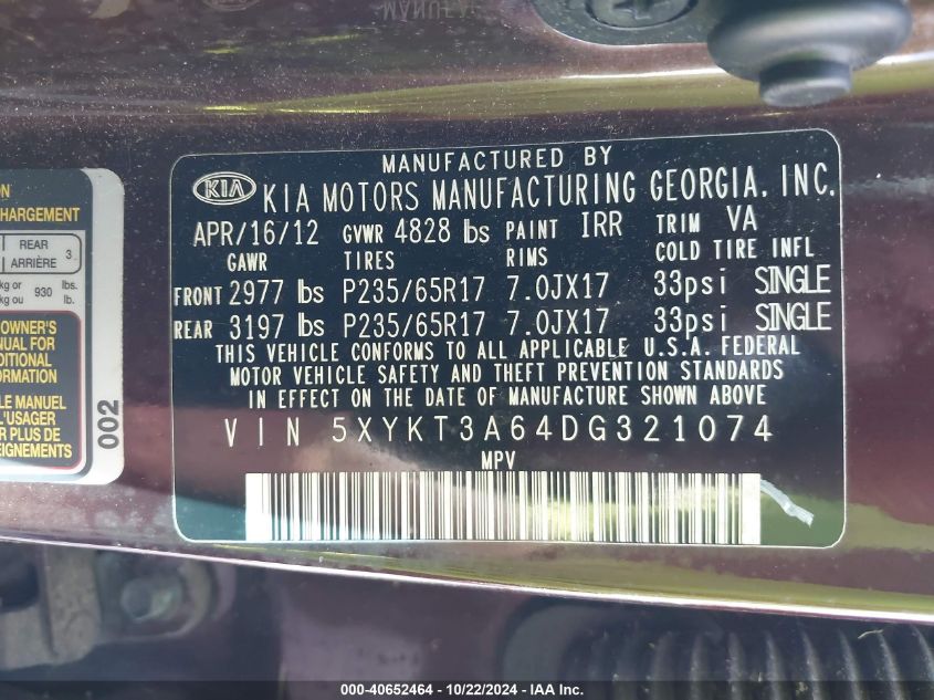 2013 Kia Sorento Lx VIN: 5XYKT3A64DG321074 Lot: 40652464