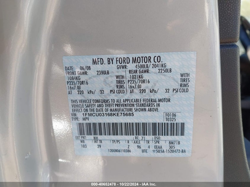 2008 Ford Escape Xlt VIN: 1FMCU03168KE75685 Lot: 40652478