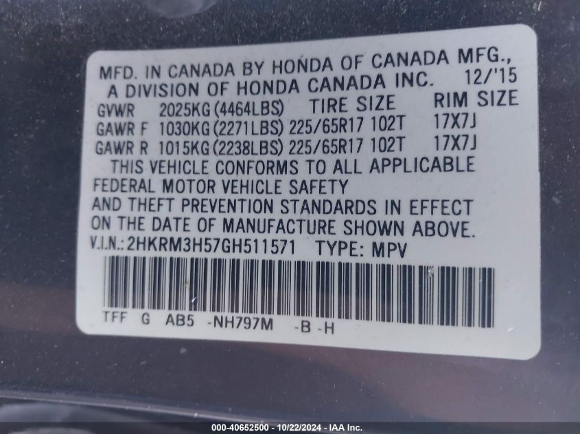 2016 Honda Cr-V Ex VIN: 2HKRM3H57GH511571 Lot: 40652500