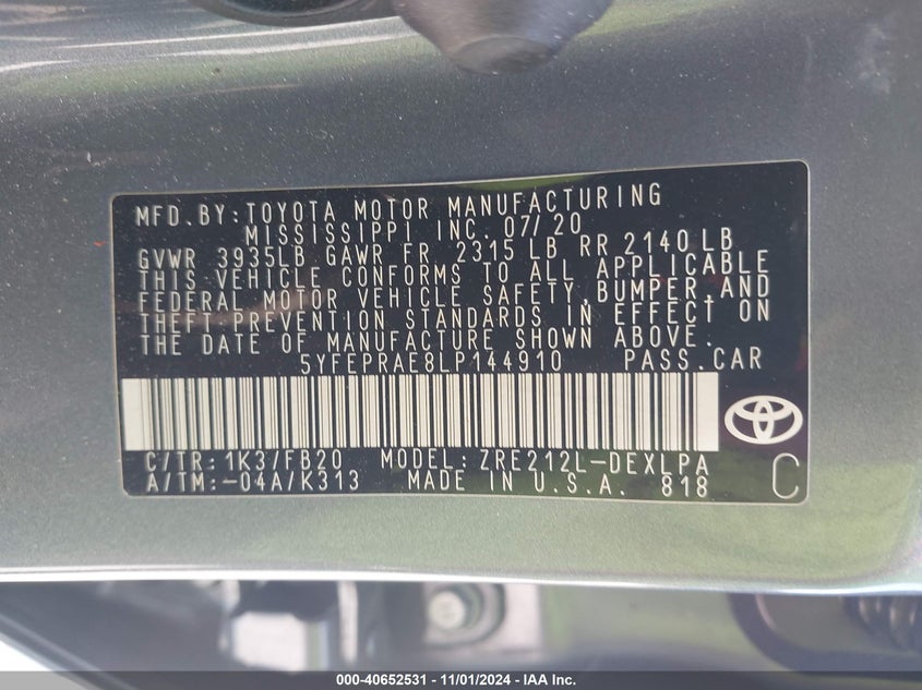 2020 TOYOTA COROLLA LE - 5YFEPRAE8LP144910