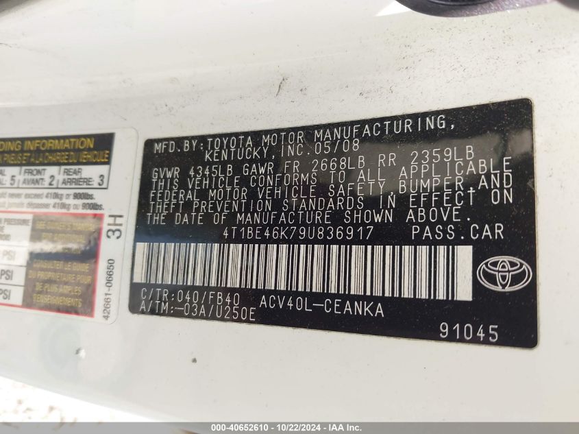 2009 Toyota Camry VIN: 4T1BE46K79U836917 Lot: 40652610