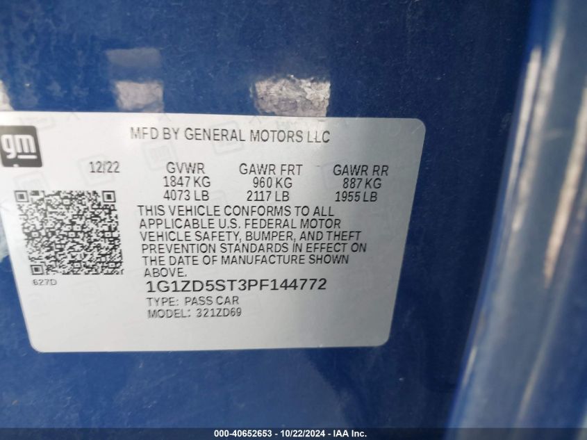 2023 Chevrolet Malibu Fwd 1Lt VIN: 1G1ZD5ST3PF144772 Lot: 40652653