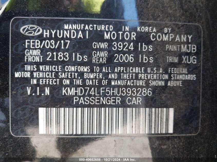 2017 Hyundai Elantra Se VIN: KMHD74LF5HU393286 Lot: 40652658