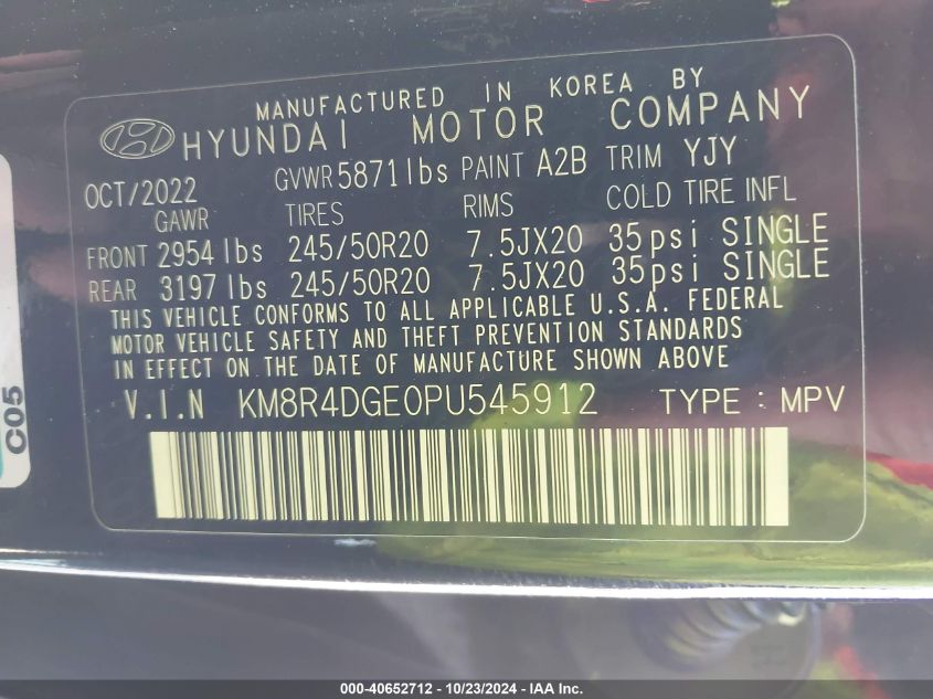 2023 Hyundai Palisade Sel VIN: KM8R4DGE0PU545912 Lot: 40652712