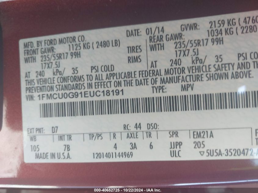 2014 Ford Escape Se VIN: 1FMCU0G91EUC18191 Lot: 40652725