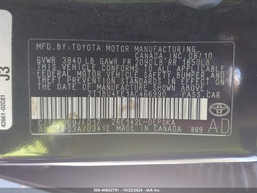 2010 Toyota Corolla S VIN: 2T1BU4EE1AC466990 Lot: 40652791