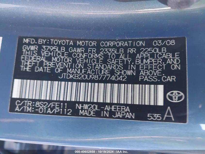 2008 Toyota Prius VIN: JTDKB20U987774042 Lot: 40652858