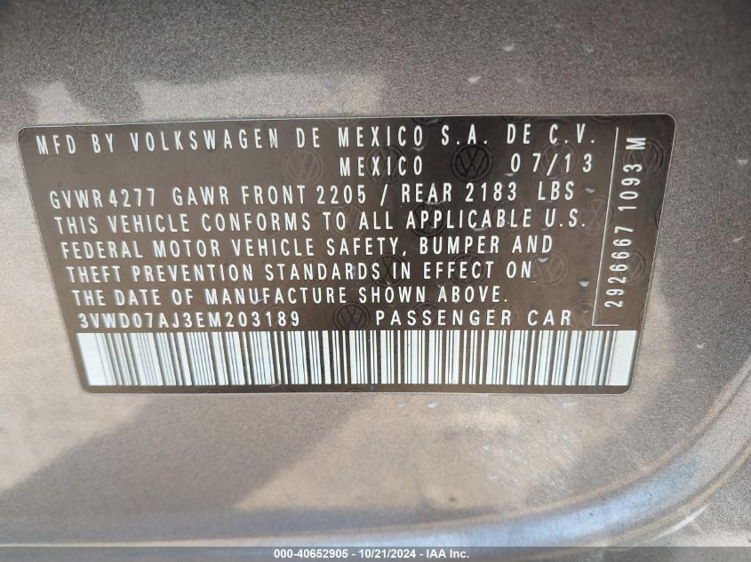 2014 Volkswagen Jetta 1.8T Se VIN: 3VWD07AJ3EM203189 Lot: 40652905