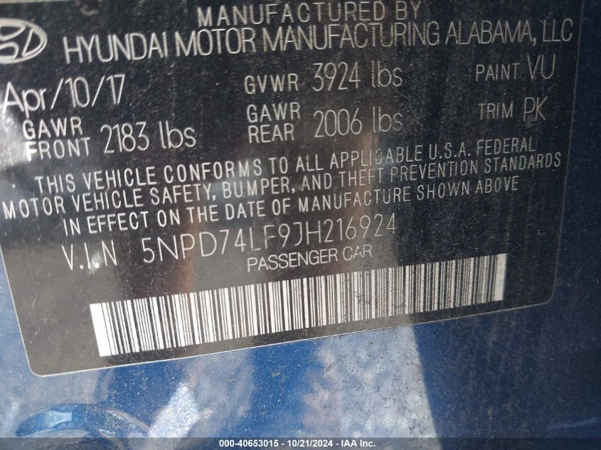 VIN 5NPD74LF9JH216924 2018 HYUNDAI ELANTRA SE