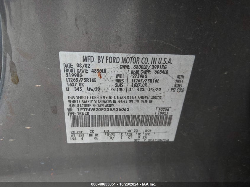 2003 Ford F-250 Lariat/Xl/Xlt VIN: 1FTNW20F23EA26062 Lot: 40653051