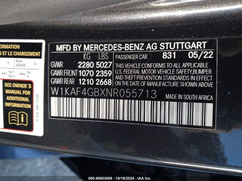 2022 Mercedes-Benz C 300 VIN: W1KAF4GBXNR055713 Lot: 40653089