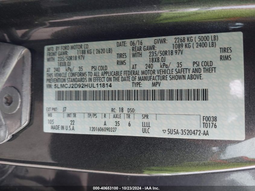 VIN 5LMCJ2D92HUL11814 2017 LINCOLN MKC SELECT