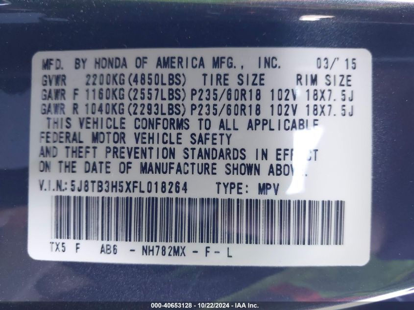 2015 Acura Rdx VIN: 5J8TB3H5XFL018264 Lot: 40653128