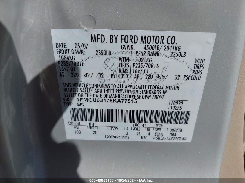 2008 Ford Escape Xlt VIN: 1FMCU03178KA77515 Lot: 40653153