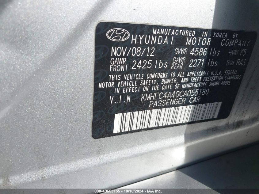 2012 Hyundai Sonata Hybrid VIN: KMHEC4A40CA055189 Lot: 40653155