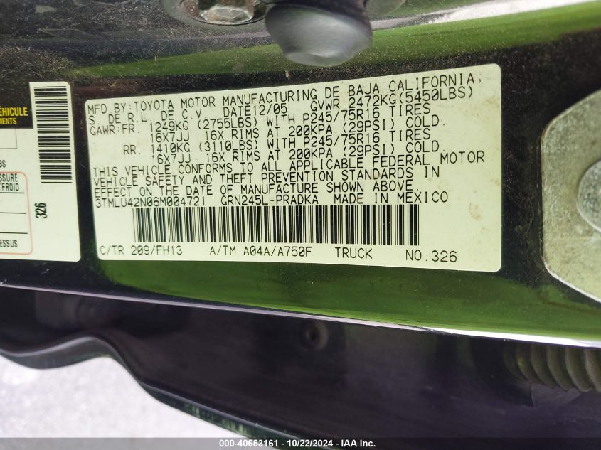 2006 Toyota Tacoma Base V6 VIN: 3TMLU42N06M004721 Lot: 40653161