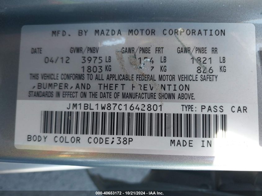 2012 Mazda Mazda3 I Grand Touring VIN: JM1BL1W87C1642801 Lot: 40653172