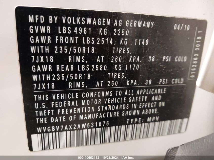 2010 Volkswagen Tiguan Wolfsburg Edition VIN: WVGBV7AX2AW531676 Lot: 40653182