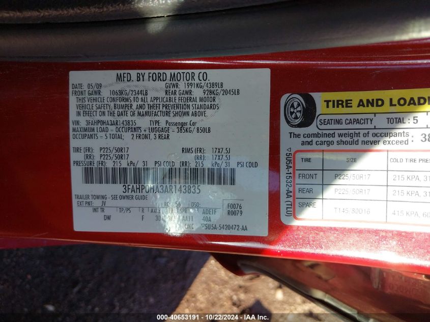 2010 Ford Fusion Se VIN: 3FAHP0HA3AR143835 Lot: 40653191