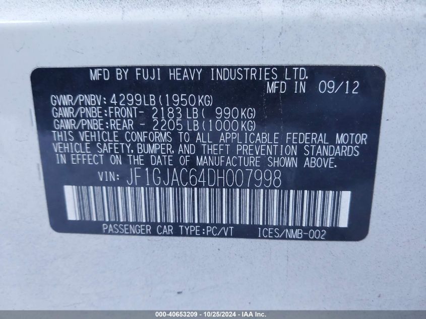 2013 Subaru Impreza 2.0I Premium VIN: JF1GJAC64DH007998 Lot: 40653209