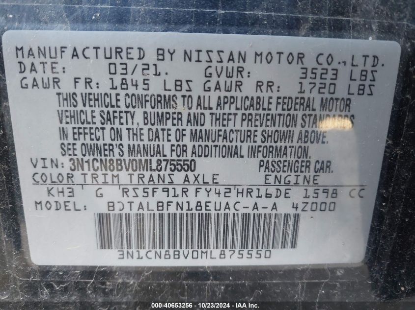 2021 Nissan Versa S 5-Speed Manual Transmission VIN: 3N1CN8BV0ML875550 Lot: 40653256