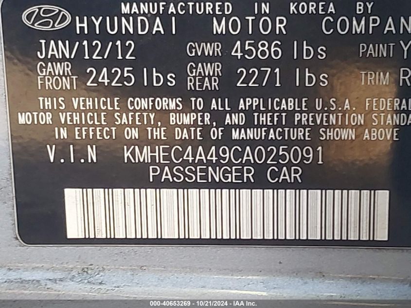 2012 Hyundai Sonata Hybrid VIN: KMHEC4A49CA025091 Lot: 40653269