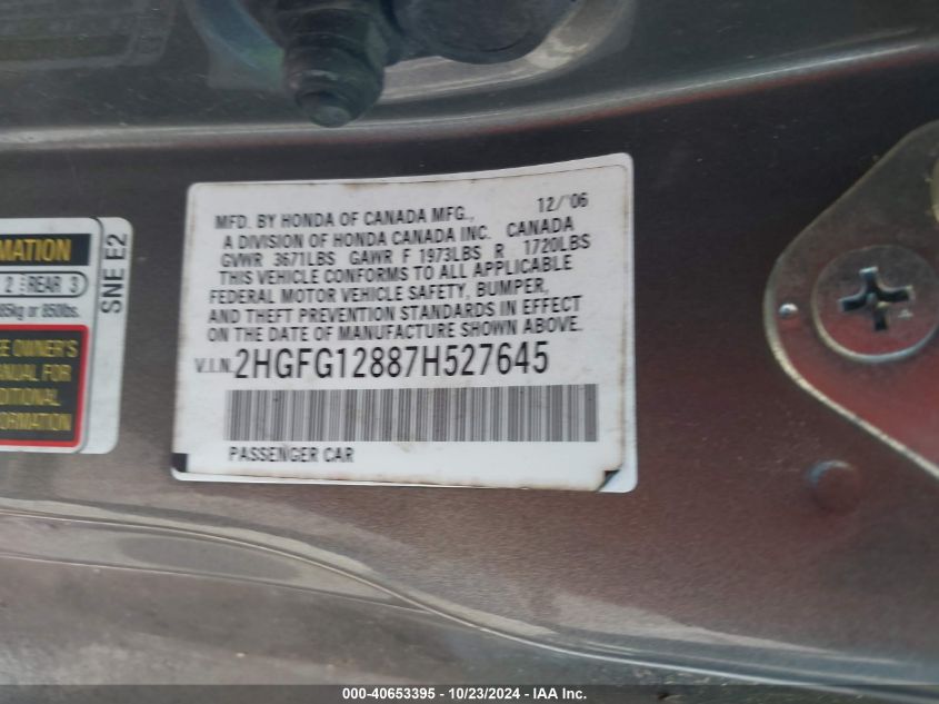 2007 Honda Civic Ex VIN: 2HGFG12887H527645 Lot: 40653395