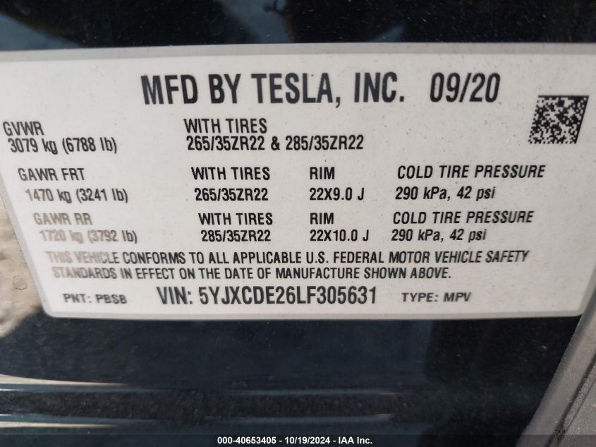 2020 Tesla Model X Long Range Dual Motor All-Wheel Drive/Long Range Plus Dual Motor All-Wheel Drive VIN: 5YJXCDE26LF305631 Lot: 40653405