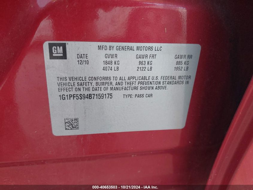 2011 Chevrolet Cruze Lt VIN: 1G1PF5S94B7159175 Lot: 40653503